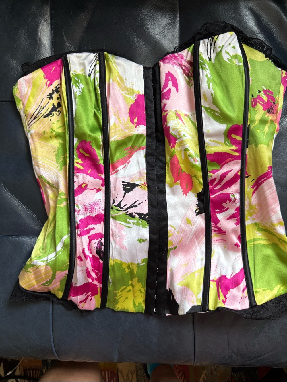 Bebe Y2K floral satin corset/bustier, lace trim, boning, lace-up back, size L